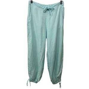 Bryn Walker‎ Linen Cropped Pants Jogger Blue Elastic Waist Tie Cuff USA Beach S